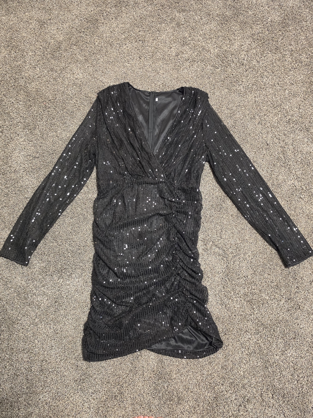 Amazon Black Sequin Long-Sleeve Ruched V-Neck Dress